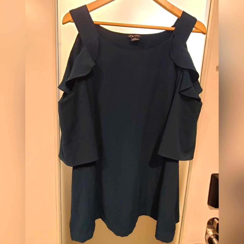 City Chic Teal Green Cold Shoulder Blousewith a ruffle detail